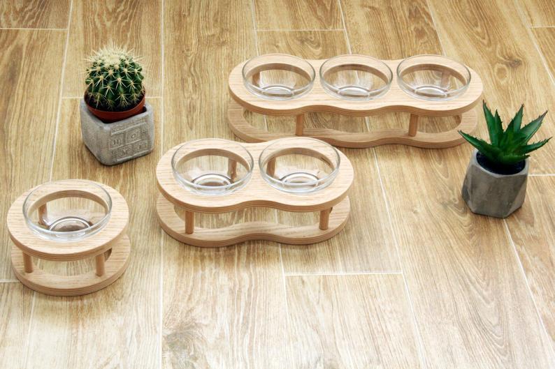 Wooden and glass pet food bowl