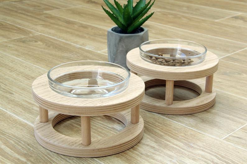 Wooden and glass pet food bowl