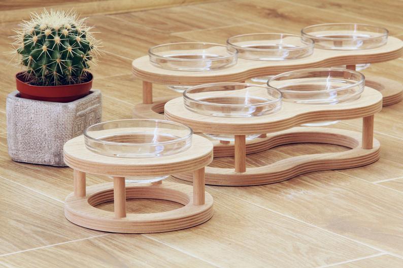 Wooden and glass pet food bowl