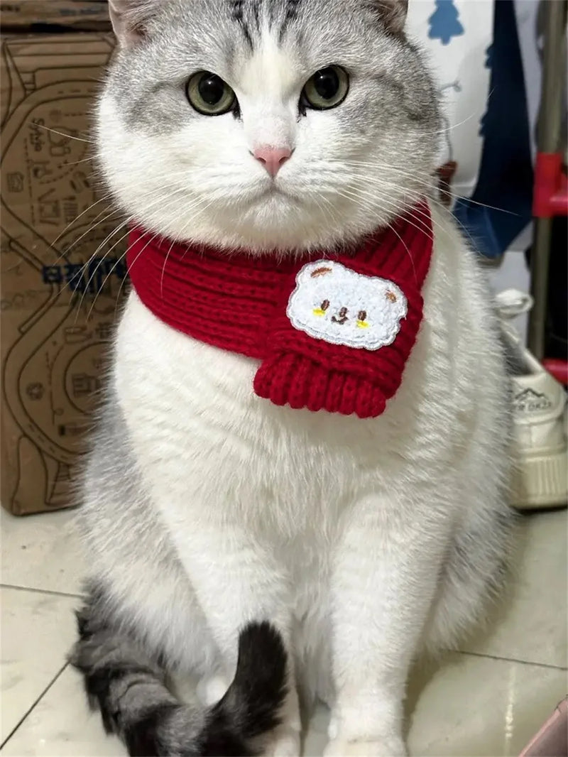 Cartoon Bear Print Cat Dog Scarf Warm Prevent Detachment Pet Neck Scarf for Small Dogs Puppy Kitten New Year's  Christmas Gifts