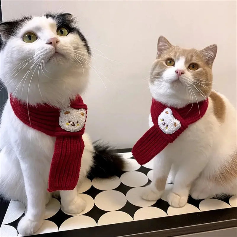 Cartoon Bear Print Cat Dog Scarf Warm Prevent Detachment Pet Neck Scarf for Small Dogs Puppy Kitten New Year's  Christmas Gifts
