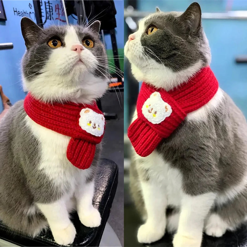 Cartoon Bear Print Cat Dog Scarf Warm Prevent Detachment Pet Neck Scarf for Small Dogs Puppy Kitten New Year's  Christmas Gifts