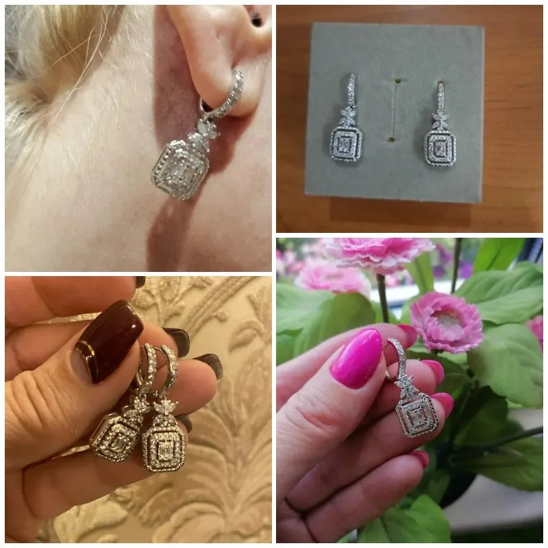 Huitan Modern Fashion Silver Color Women's Dangle Earrings with Shiny CZ Stone Aesthetic Female Earrings for Party Jewelry Gifts