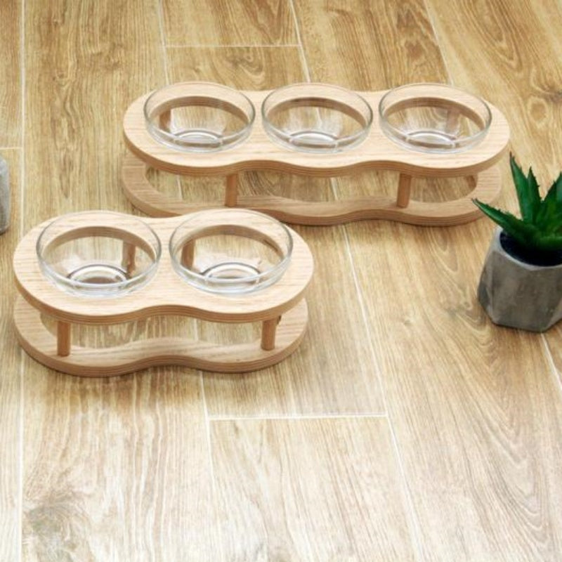 Wooden and glass pet food bowl